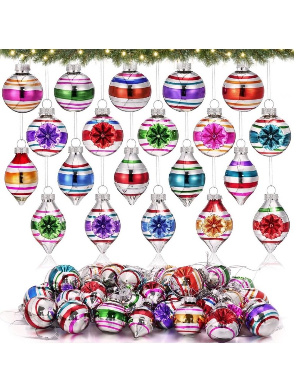 40 Vintage Mini Glass Christmas Ornaments Set - Reflector Decor for Holiday